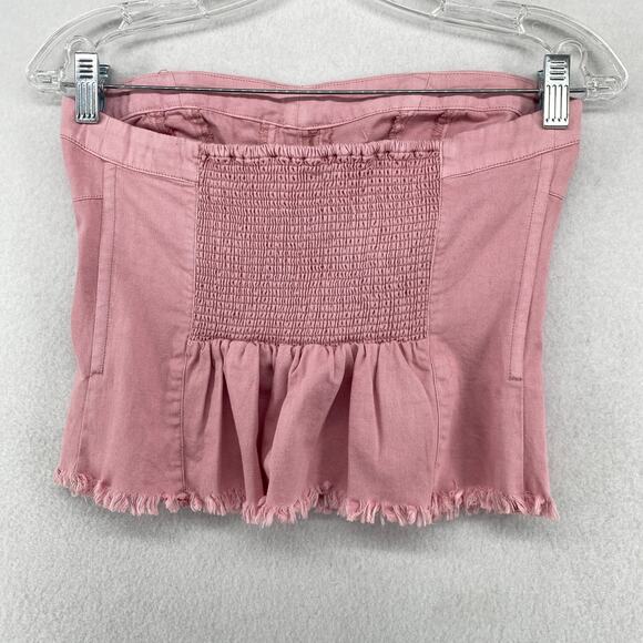 FREE PEOPLE Top S Better Days Tube Corset Smocked Frayed Cropped Cotton Pink NEW - Picture 4 of 16